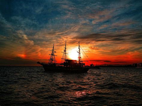 Wallpaper : sailing ship, sunset, sea, sky, silhouette, clouds, sunrise ...