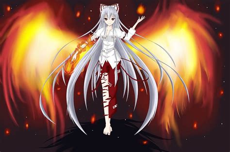 Blazing Wings, glow, white hair, magic, wing, fantasy, flame, anime, touhou, HD wallpaper | Peakpx