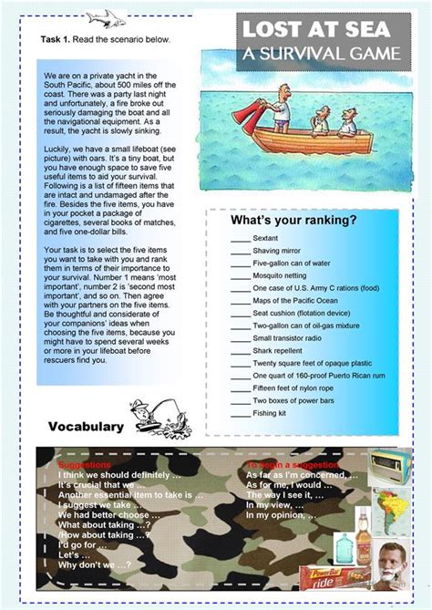 Lost at Sea (A Survival Game) - English ESL Worksheets | Survival games, Problem solving ...