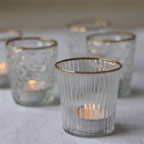 Ribbed Clear Glass Tea Light Holder with Gold Rim | Candle holders ...