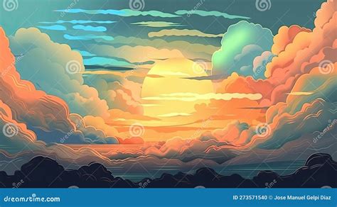 Illustrated Sky with Clouds, Sun, Stars, and Sunrise or Sunset ...