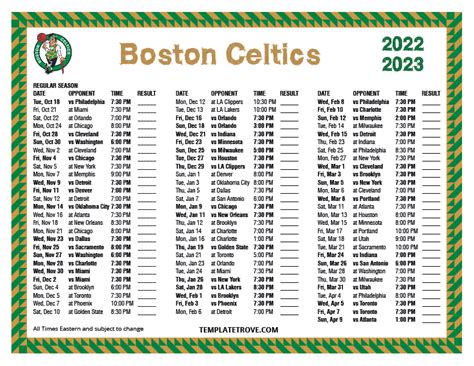 Boston Celtics Printable Schedule