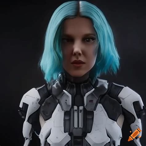 Cyberpunk-inspired illustration of millie bobby brown in futuristic armor on Craiyon
