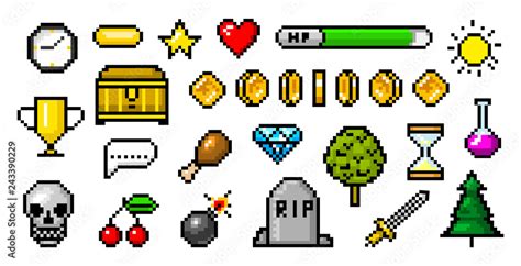 Pixel art 8 bit objects. Retro game assets. Set of icons. Vintage computer video arcades. Coins ...