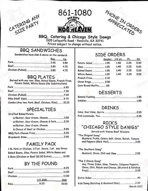 Menu at Hog Heaven Barbecue, Rossville