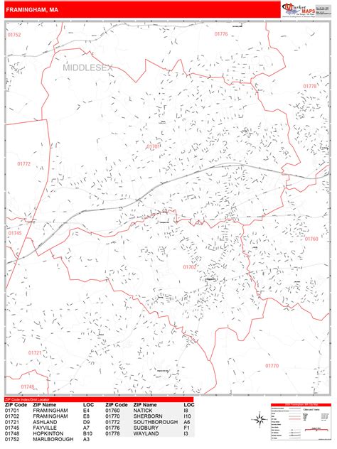 Framingham Massachusetts Zip Code Wall Map (Red Line Style) by ...