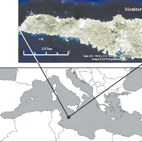 A map of the Mediterranean Sea and a map of the island of Lampedusa ...