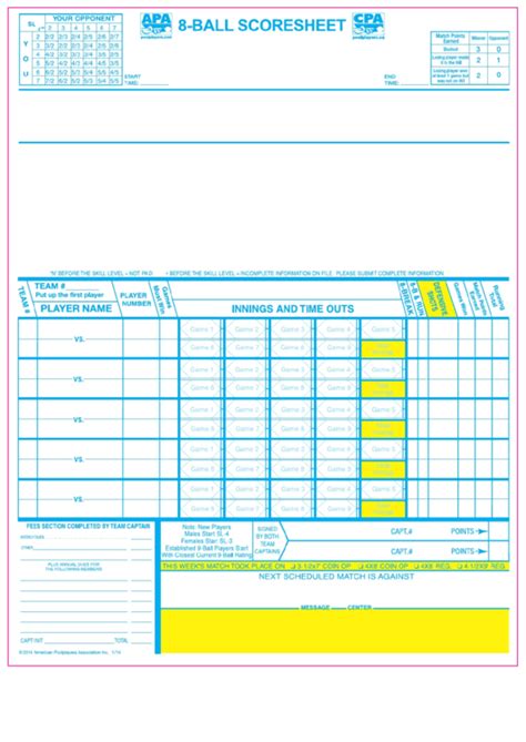 8-Ball Scoresheet - American Poolplayers Association printable pdf download