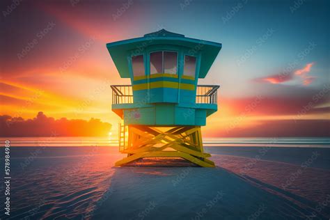 Lifeguard tower on beach on sunset. Miami Beach with lifeguard tower ...