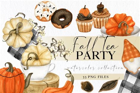 Fall farmhouse tea party clipart with pumpkins and sweets