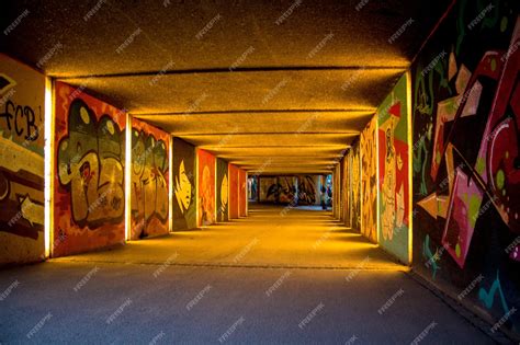 Premium Photo | A tunnel with graffiti on the walls and a sign that ...