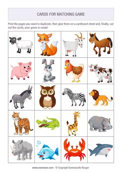 Printable Matching game Animals + 60 cards to cut out | Memozor
