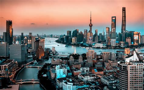 Download wallpapers Shanghai, sunset, skyscrapers, modern buildings, China, Asia for desktop ...