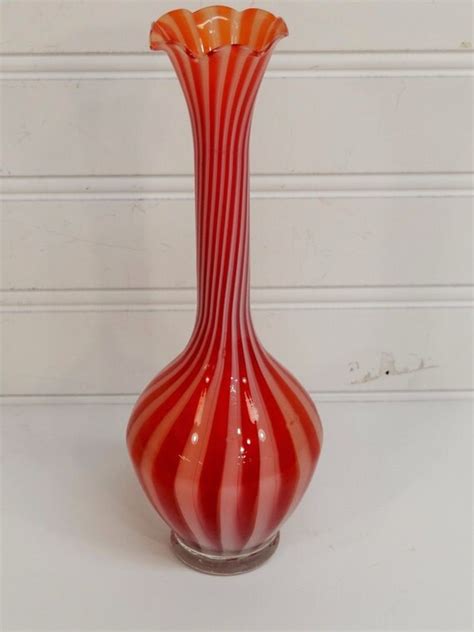 Vintage Hand Blown Glass Bud Vase Ruffled Red and White