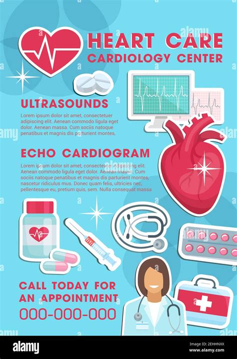 Medical poster for heart care and cardiology center. Vector design of cardiologist doctor with ...