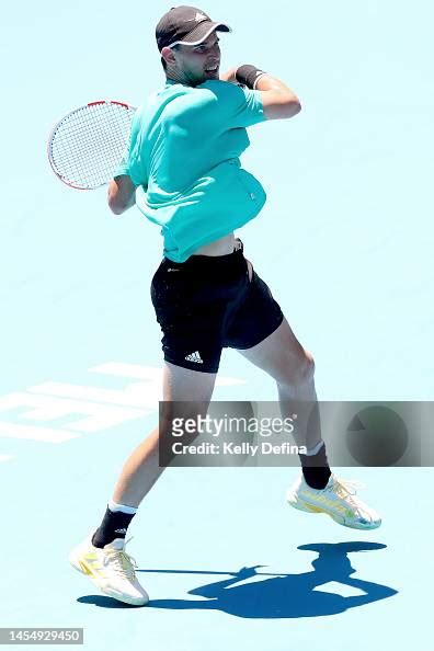 Dominic Thiem of Austria plays a forehand during a practice session ...