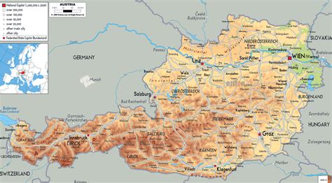 Large detailed physical map of Austria with all cities, roads and ...