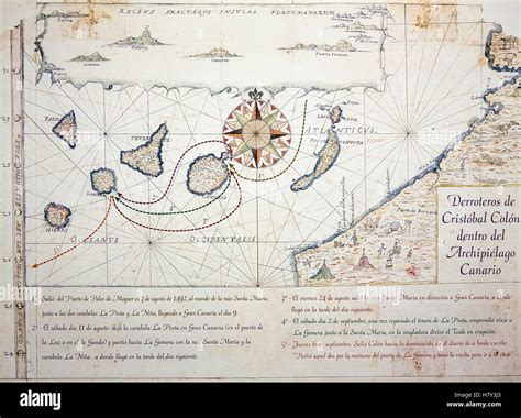 Nautical chart/map (circa 1635) depicting Christopher Columbus`s Stock Photo: 125370731 - Alamy