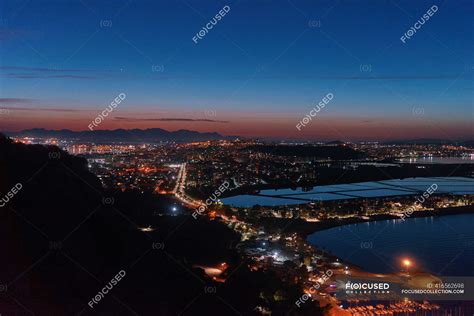 Aerial view on night city , travel place on background — sky, building ...