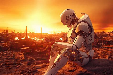 Sad Humanoid Robot Against Destroyed Earth Stock Illustration - Illustration of science, idea ...