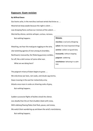 Cover work- Exposure by Wilfred Owen- Poem,glossary and questions | Teaching Resources