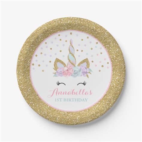 Unicorn Pink And Gold Paper Plate 7" Paper Plates | Zazzle.com