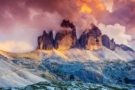 HD wallpaper: Mountains, Cliff, Dolomites, Italy, Landscape, Snow, Tre Cime di Lavaredo ...