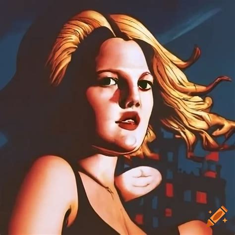 Drew barrymore as a femme fatale with city skyline in frank miller ...