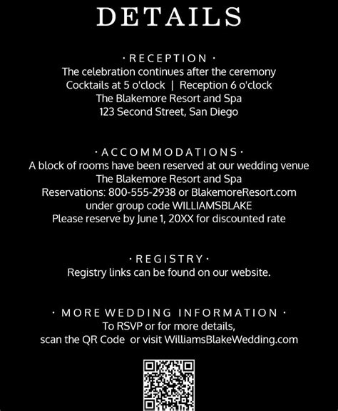 a black and white advertisement with the words wedding details written in bold font on it