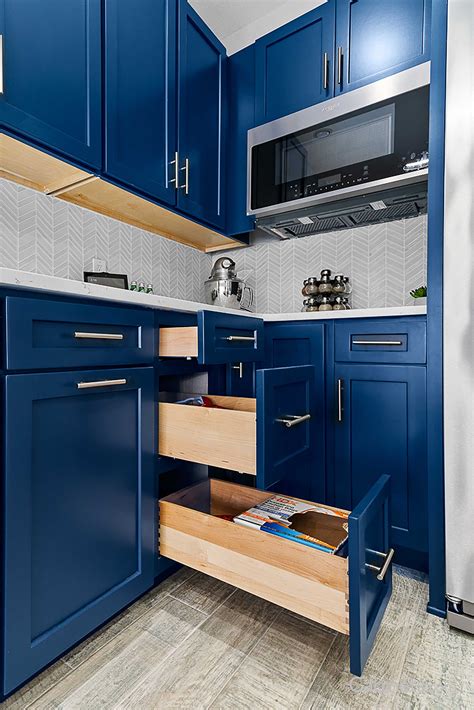 Modern Navy Blue Kitchen with Waterfall Island - Cabinets.com Colorful ...