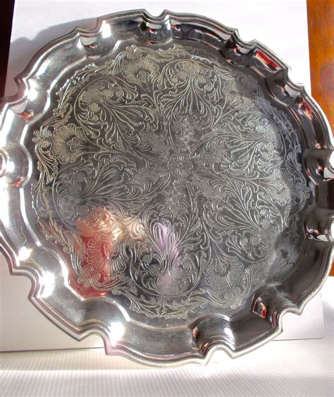 English Silver Plated Serving Tray Vintage Round Ornate Engraved Embellished Platter by ...