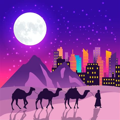 Premium Vector | Arabian man and camels walking in Sahara desert and moon background vector