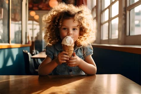 Premium AI Image | child eating ice cream in waffle cone