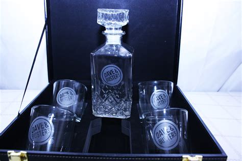 Vintage Dave and Busters 5 Piece Decanter Gift Set 4 Matching Glasses Leather Briefcase Storage ...