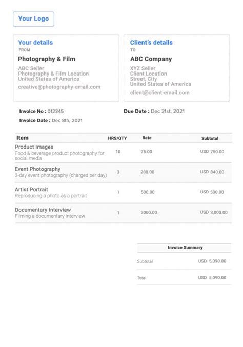 Photography & Filming Invoice Template | 📃 Free Invoice Generator