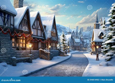 Vintage Style Snowy Christmas Village Scene - AI Generated Stock Illustration - Illustration of ...