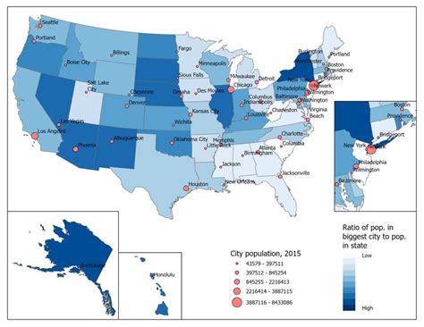 Map of US displaying ratio of state's population in its biggest city to ...