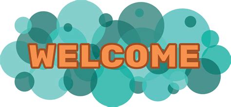 Welcome text banner on geometric pattern. Orange letters on turquoise transparent circles on ...