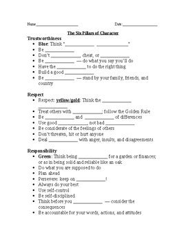 The Six Pillars of Character Power Point Work Sheet and answer Key