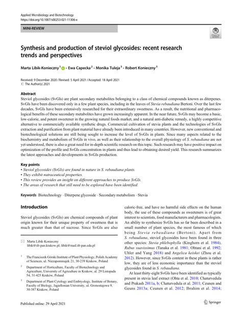 (PDF) Synthesis and production of steviol glycosides: recent research ...