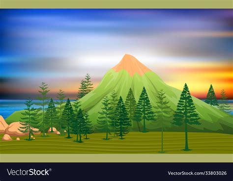 Landscape green mountain at island in sunse Vector Image