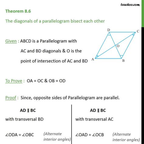 Theorem 8.6 - Class 9 - Diagonals of a parallelogram bisect each other