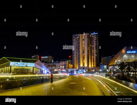 The Adelaide city skyline at night featuring the Torrens Riverbank ...