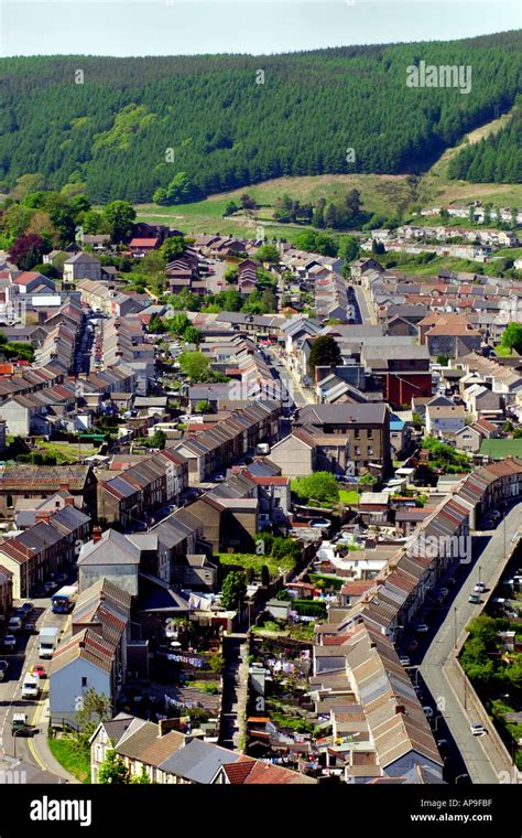 View over former coal mining village of Ferndale in Rhondda Valley South Wales UK and terraced ...