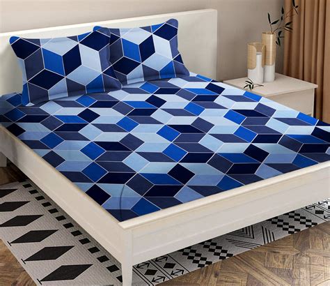 Buy Blue Geometric Print Queen Size Bed Sheet With 2 Pillow Covers Online in India at Best Price ...