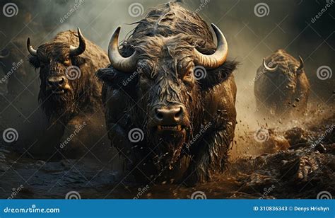 Herd of Buffalo Running through Muddy Field Stock Image - Image of ...