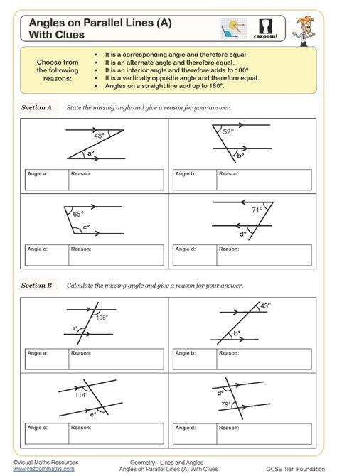 Angles on Parallel Lines (A) (With Clues) Worksheet | Cazoom Maths Worksheets