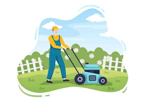 Lawn Mower Cutting Green Grass, Trimming and Care on Page or Garden in Flat Cartoon Illustration ...