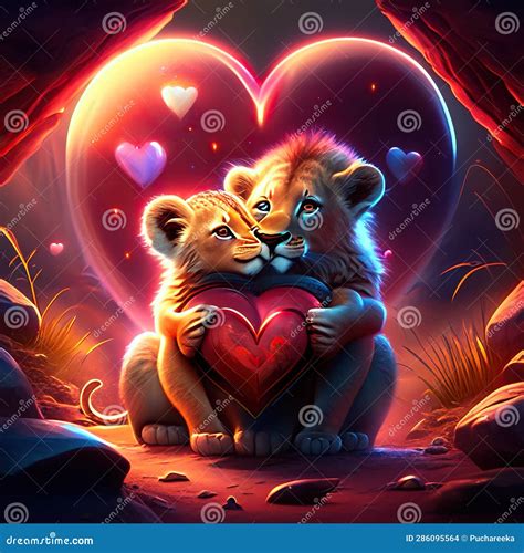 Lion Cubs Hugging Heart Lion and Lion Cub in Love. Valentine S Day Card. Generative AI Animal Ai ...