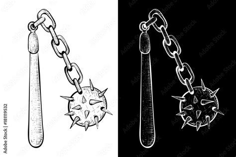 Flail. Medieval weapon - spiked metal ball with chain and wooden handle. Hand drawn sketch Stock ...